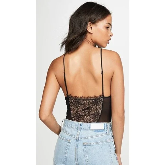 NEW Jonathan Simkhai Deep V Lace Bodysuit Tank Sexy Mesh Black Womens Size XS